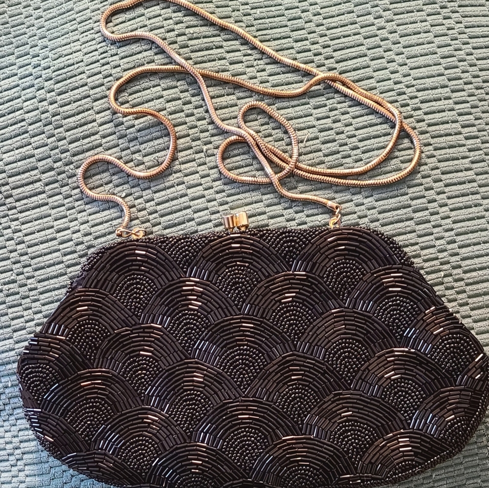 Vintage Like New Marshall Fields Black Beaded Evening Bag with a Chain Strap